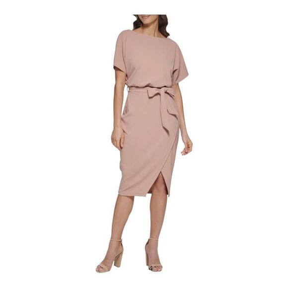 Kensie Womens Tan Tie Front Blouson Wrap Dress Belted Short Sleeves 10 NWT - Picture 1 of 12